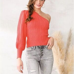 One-Shoulder Deep Sea Coral Knit Willow and Root Sweater Preppy Southern Spring